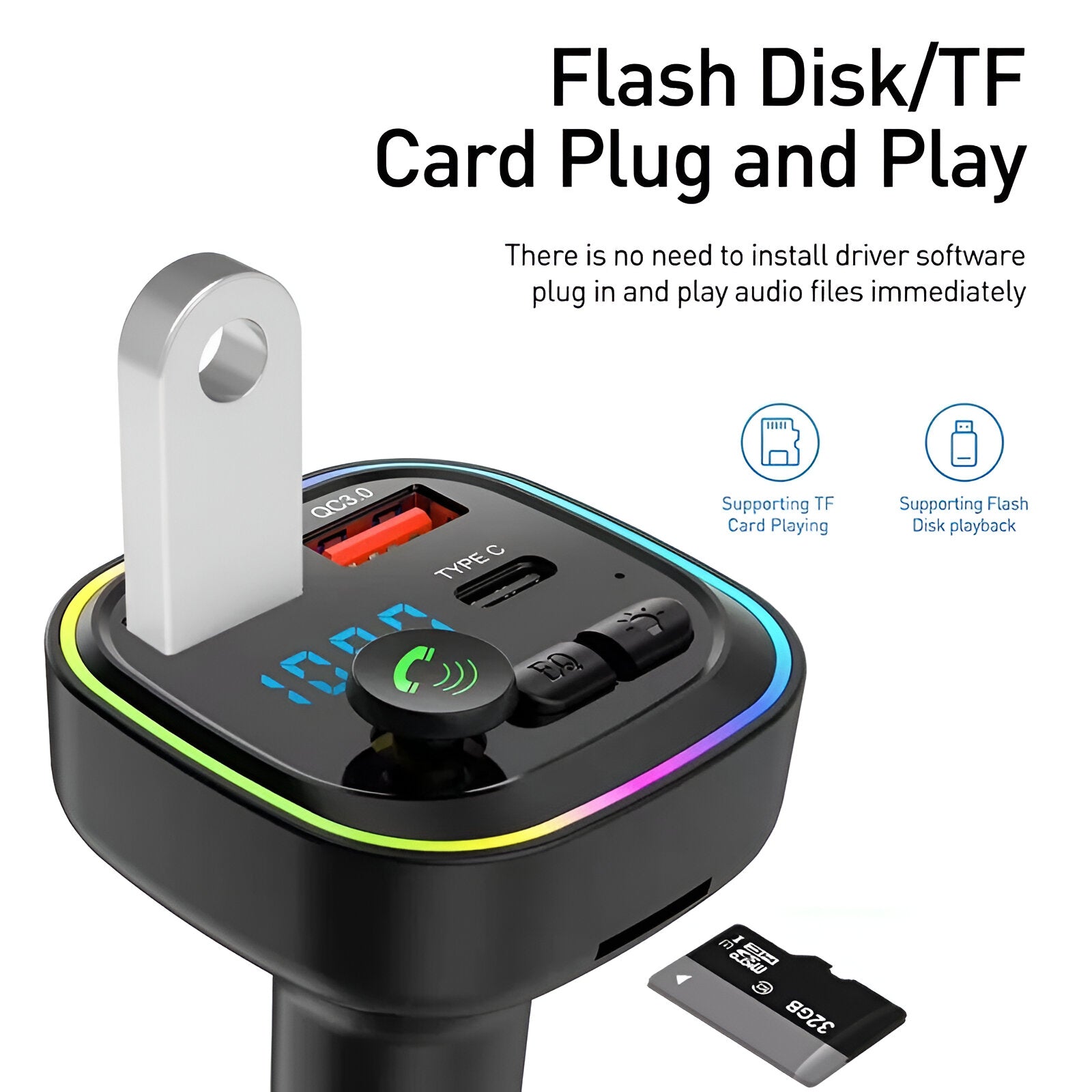 Transmisor FM Bluetooth + Puerto Quick Charge 20W 12/24V RGB
