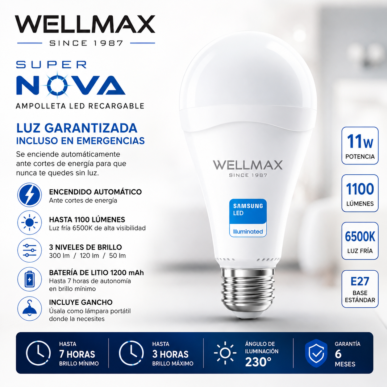 Ampolleta LED Recargable 11W con Chip LED Samsung Super Nova