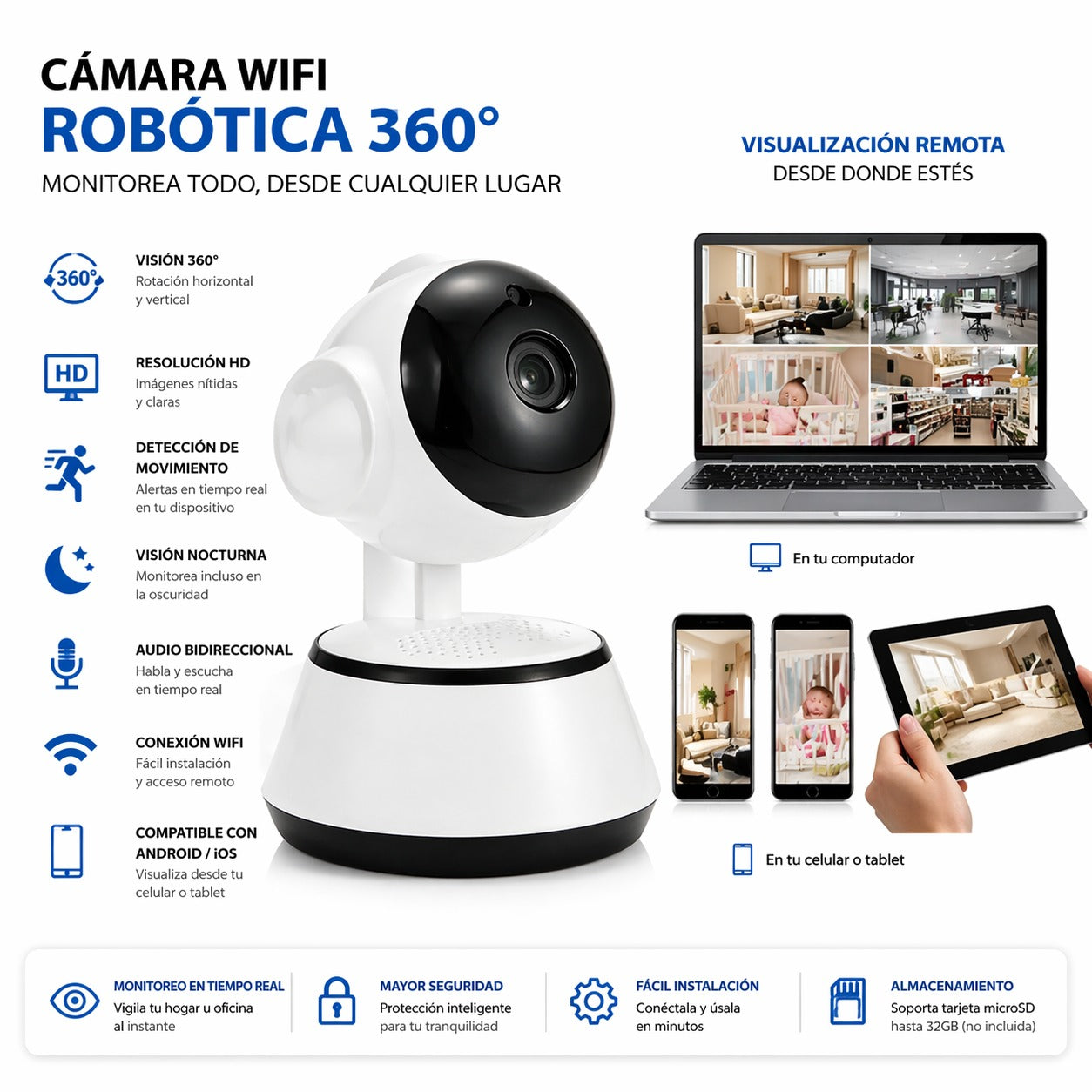 Camara Wifi Rotatoria 360° HD Robotica PTZ Interior W3860