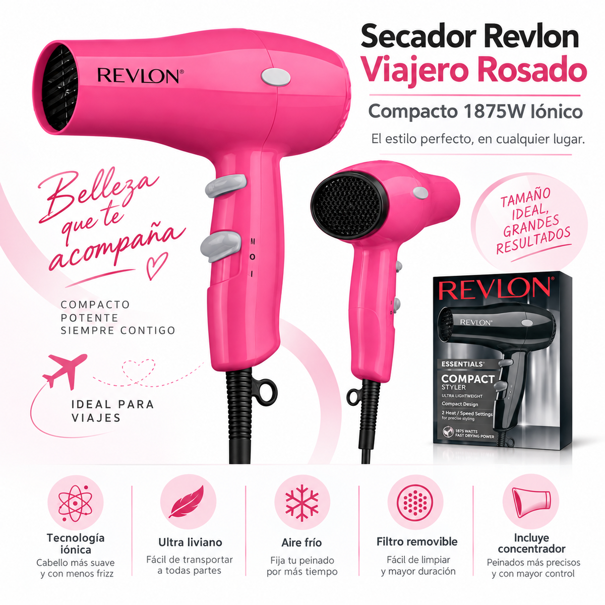 Secador de Cabello Revlon DR5260 IONIC Rosado Ultra Compacto