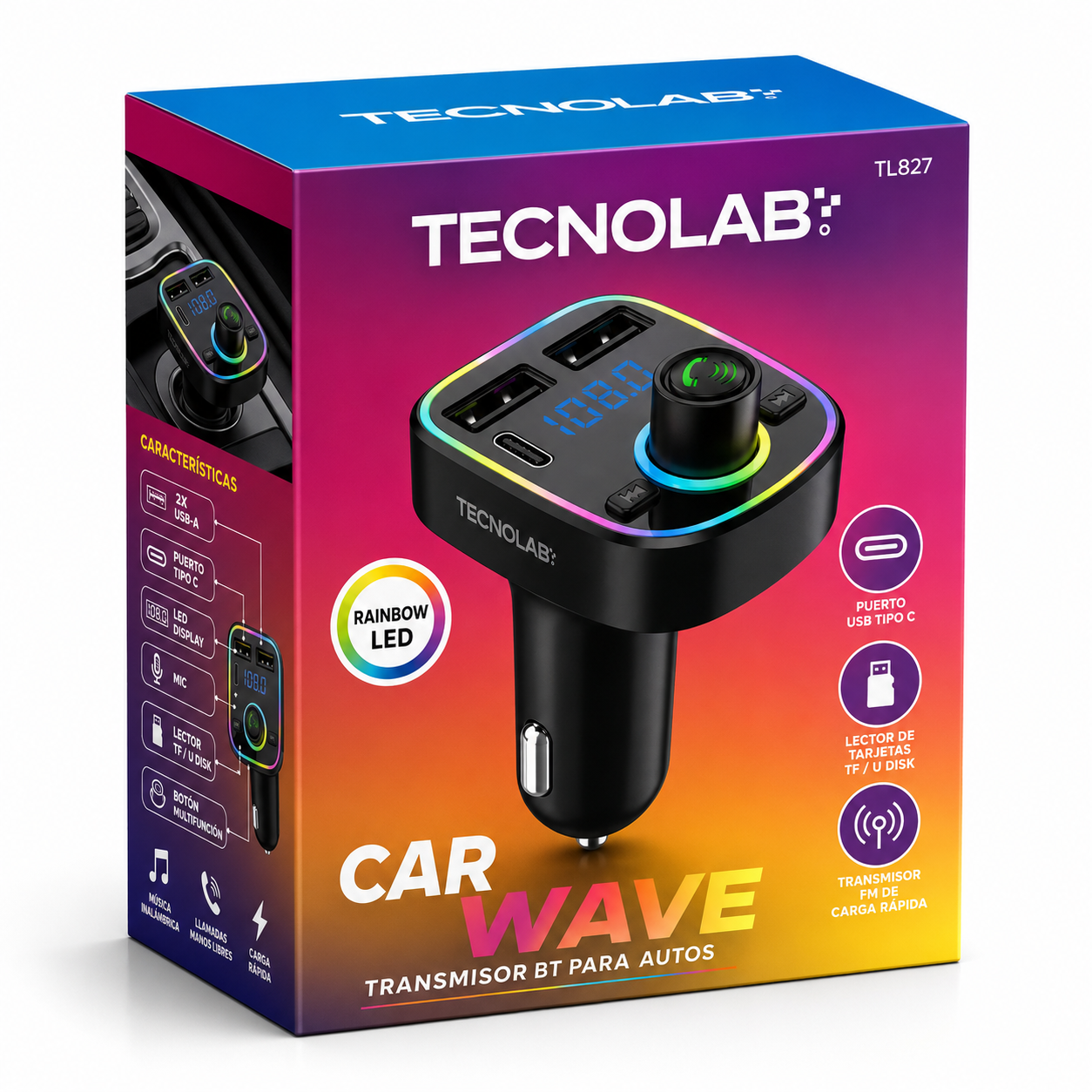 Transmisor FM Bluetooth + Puerto Quick Charge 20W 12/24V RGB