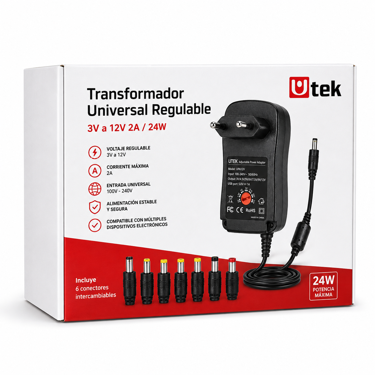Transformador 12V Regulables 2A / 24W + 6 Plug Universales