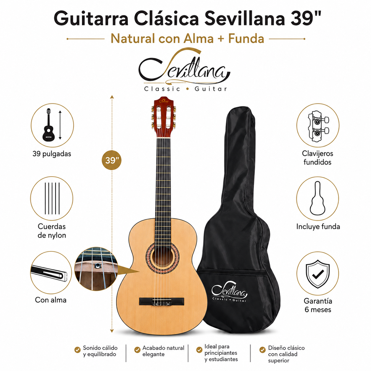 Guitarra Clásica Sevillana 39” Natural con Alma + Funda 8446