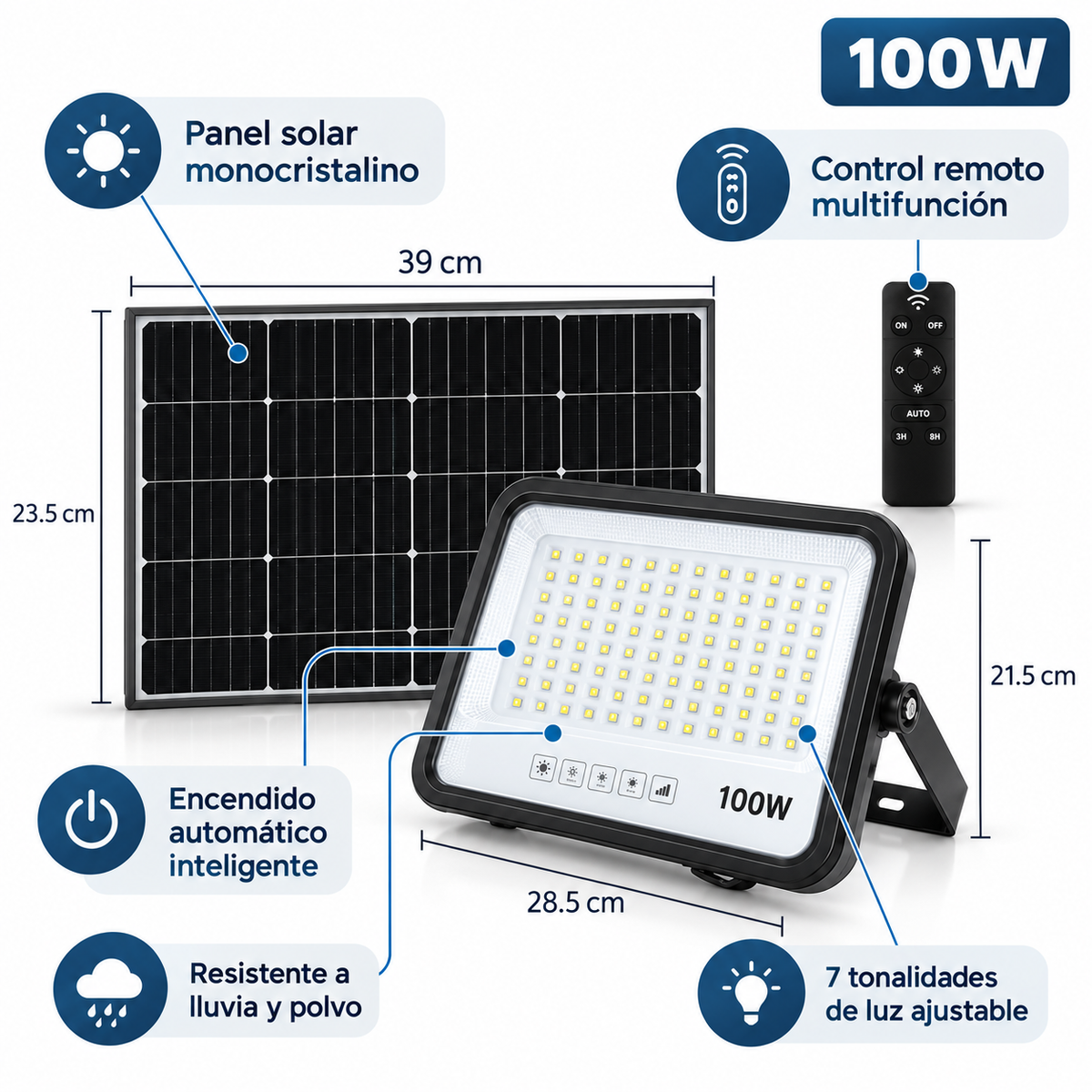 Proyector LED 100W con Panel Solar Independiente + Cable 5MT