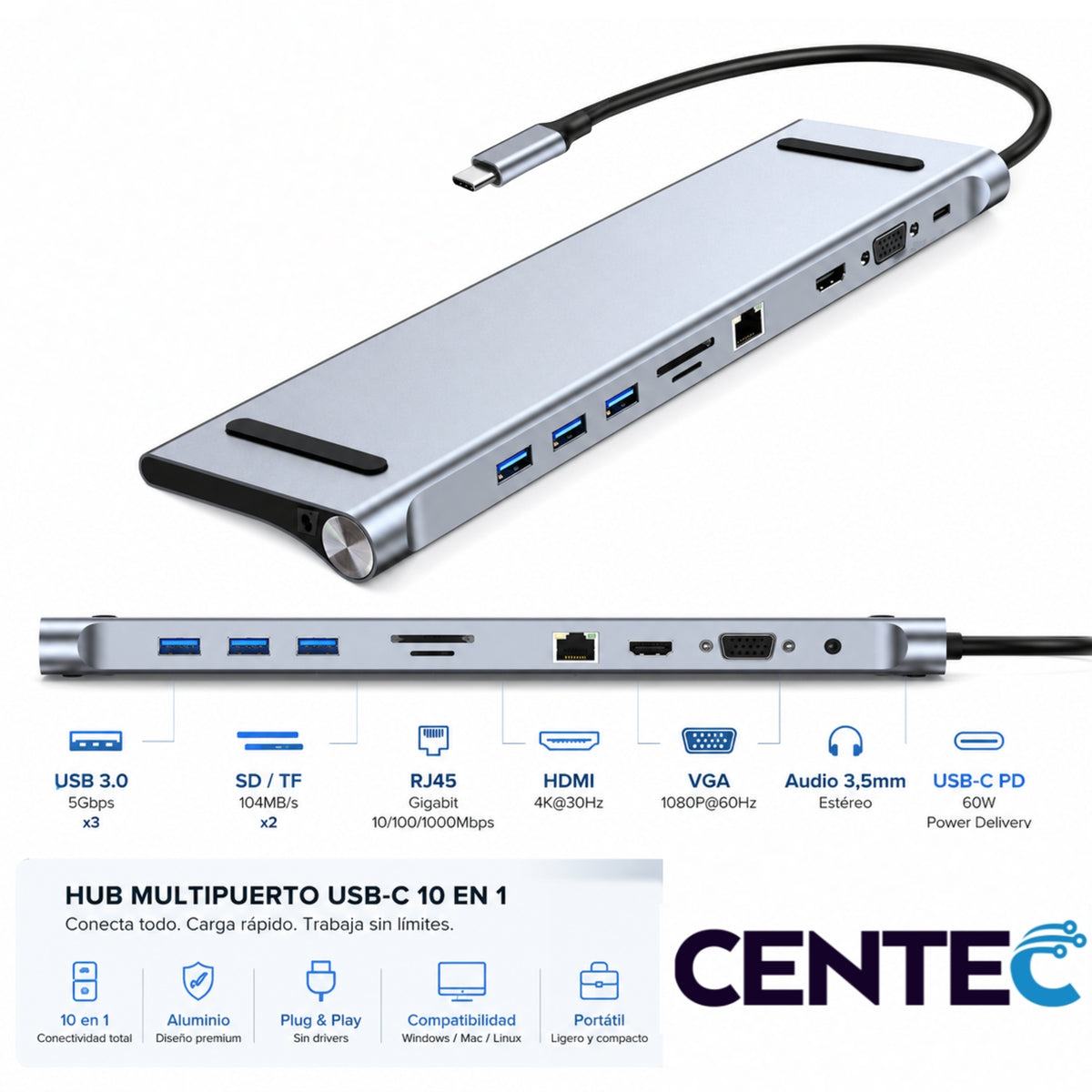 Hub Multipuerto Type-C (10en1) Profesional PD60W 4K Gigabyte
