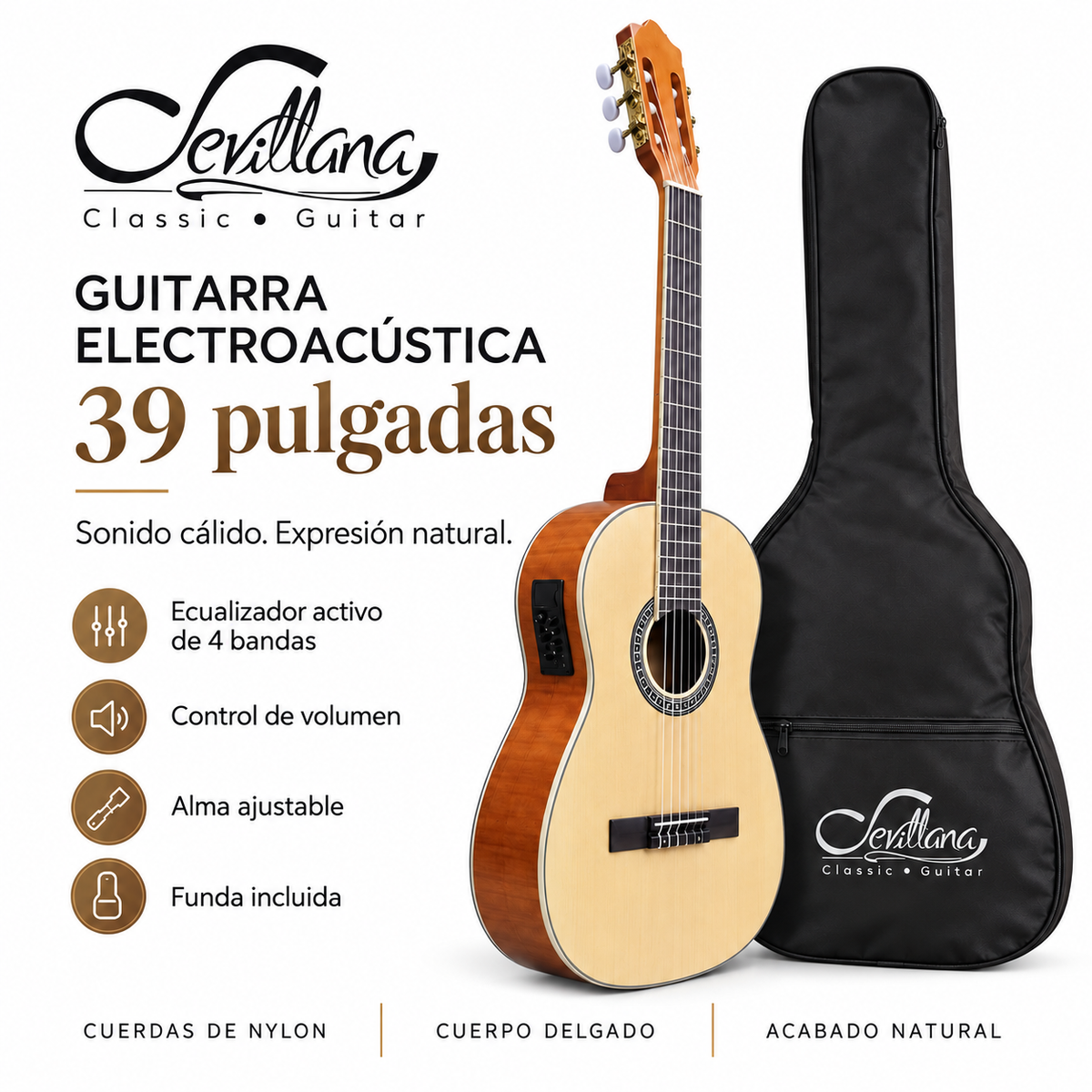 Guitarra Electroacústica Sevillana 39” Natural Estandar Con Alma Ajustable y Funda 8941