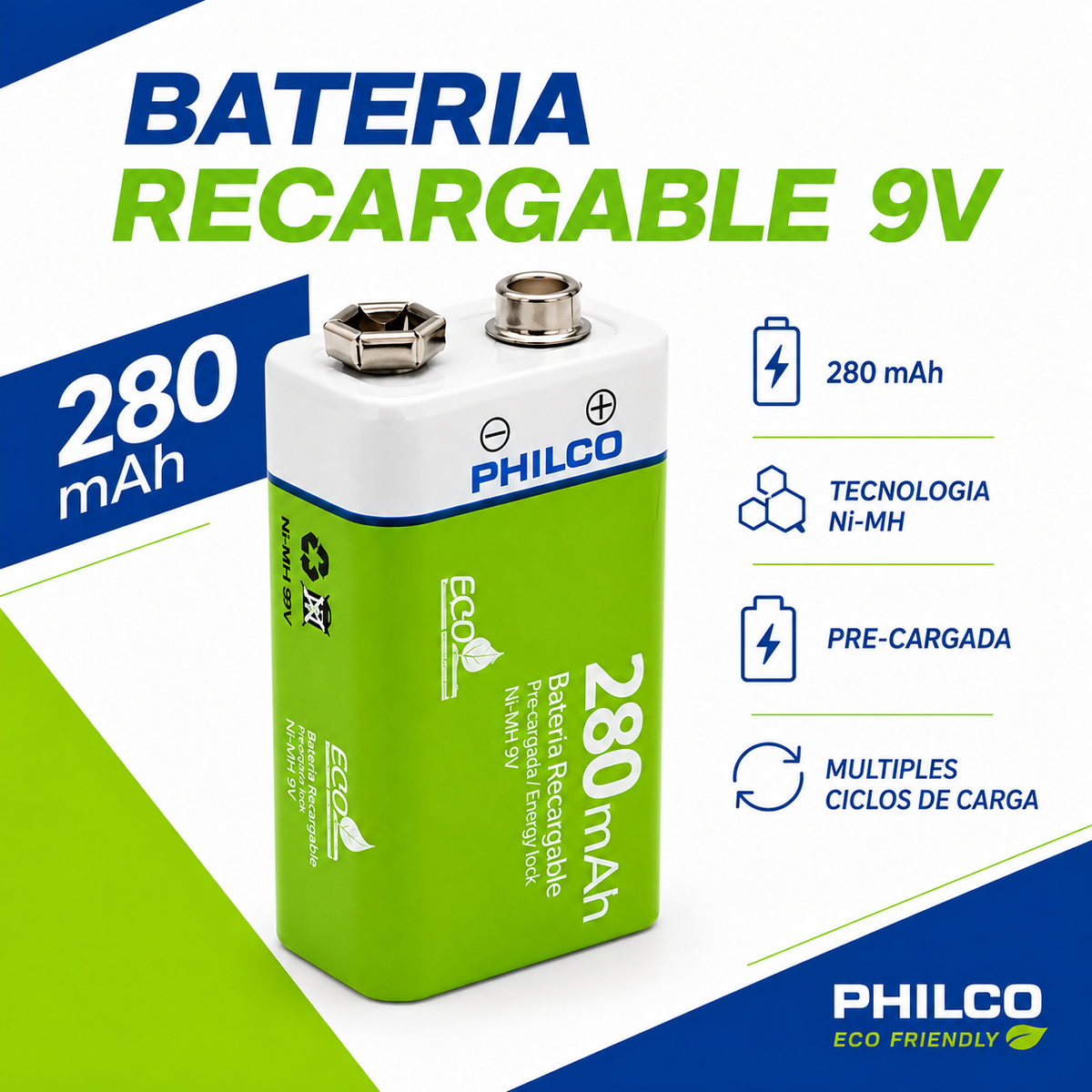 Batería 9V Recargable 280 mAH – Philco Eco Friendly Edition