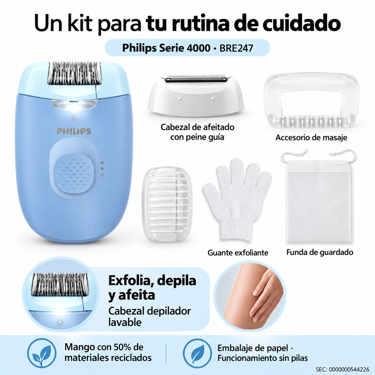 Depiladora Philips Serie 4000 BRE247 Alámbrica con Luz LED