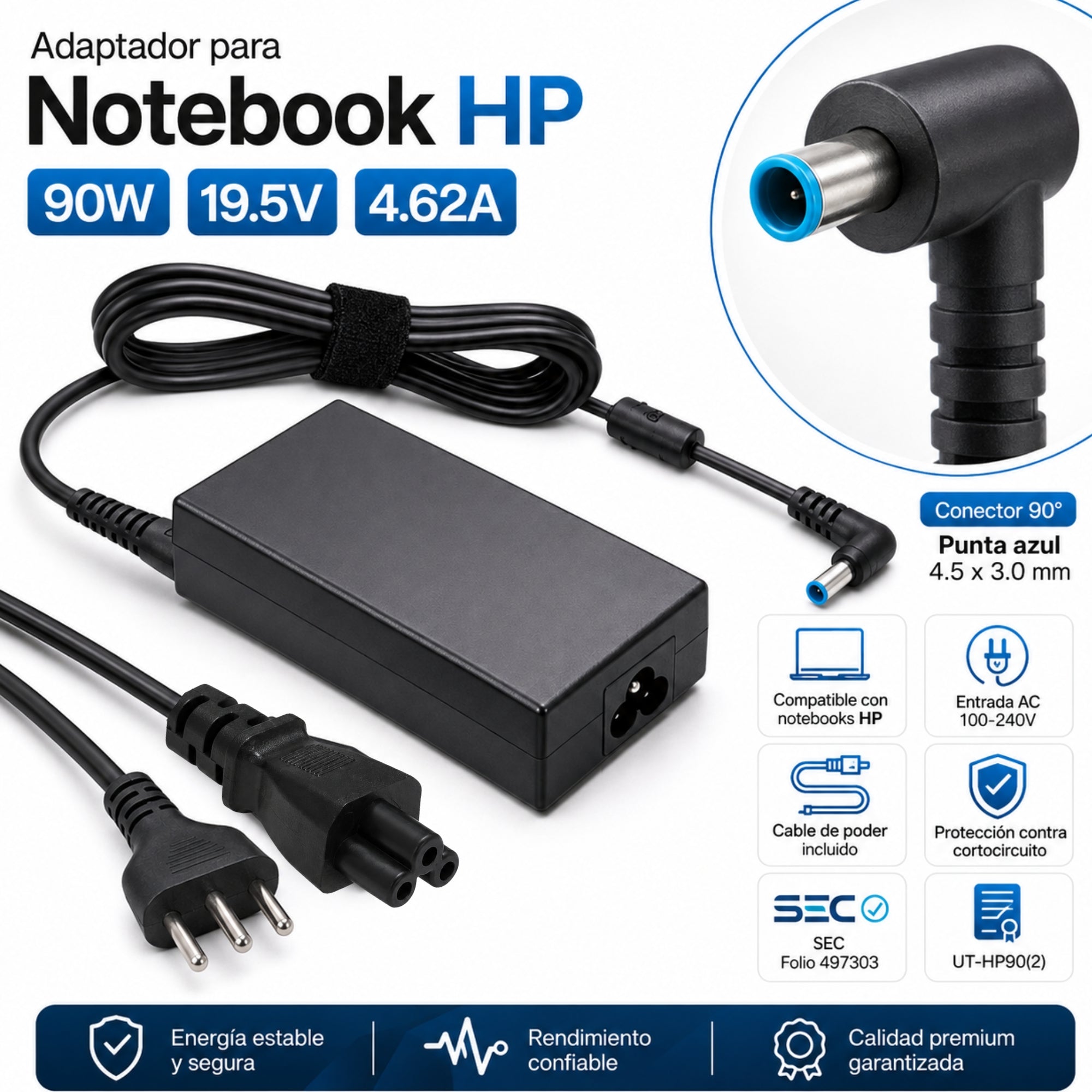 Cargador Notebook Para HP 19.5V 4.62A P.Azul 4.5*3mm 90W SEC