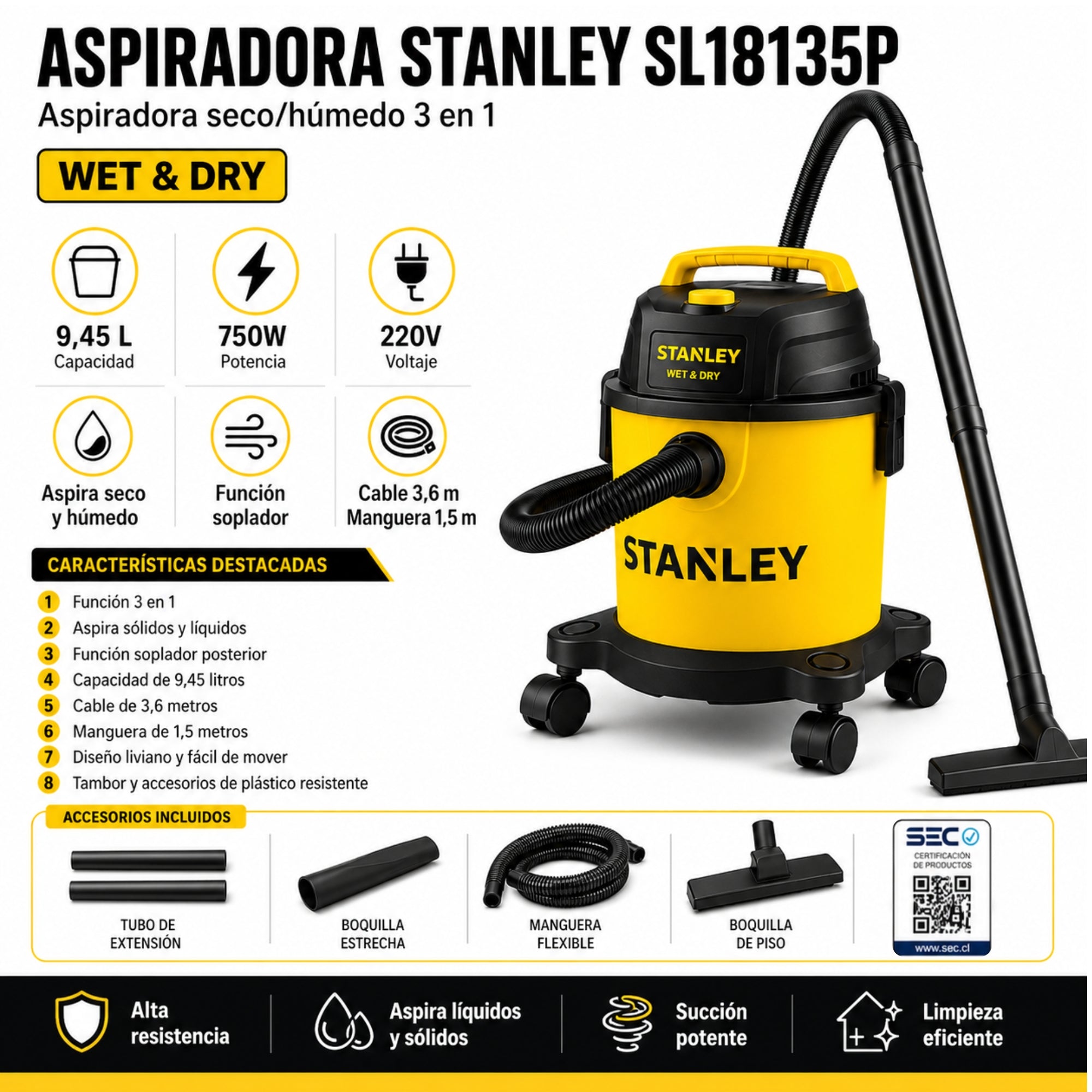 Aspiradora y Sopladora Stanley (Solidos & Líquidos) SL18135P