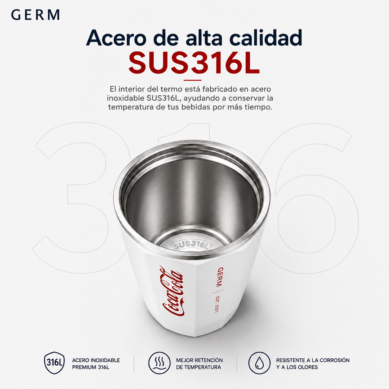 Vaso Termico MUG Germ Coca-Cola Acero Inoxidable 390ML White