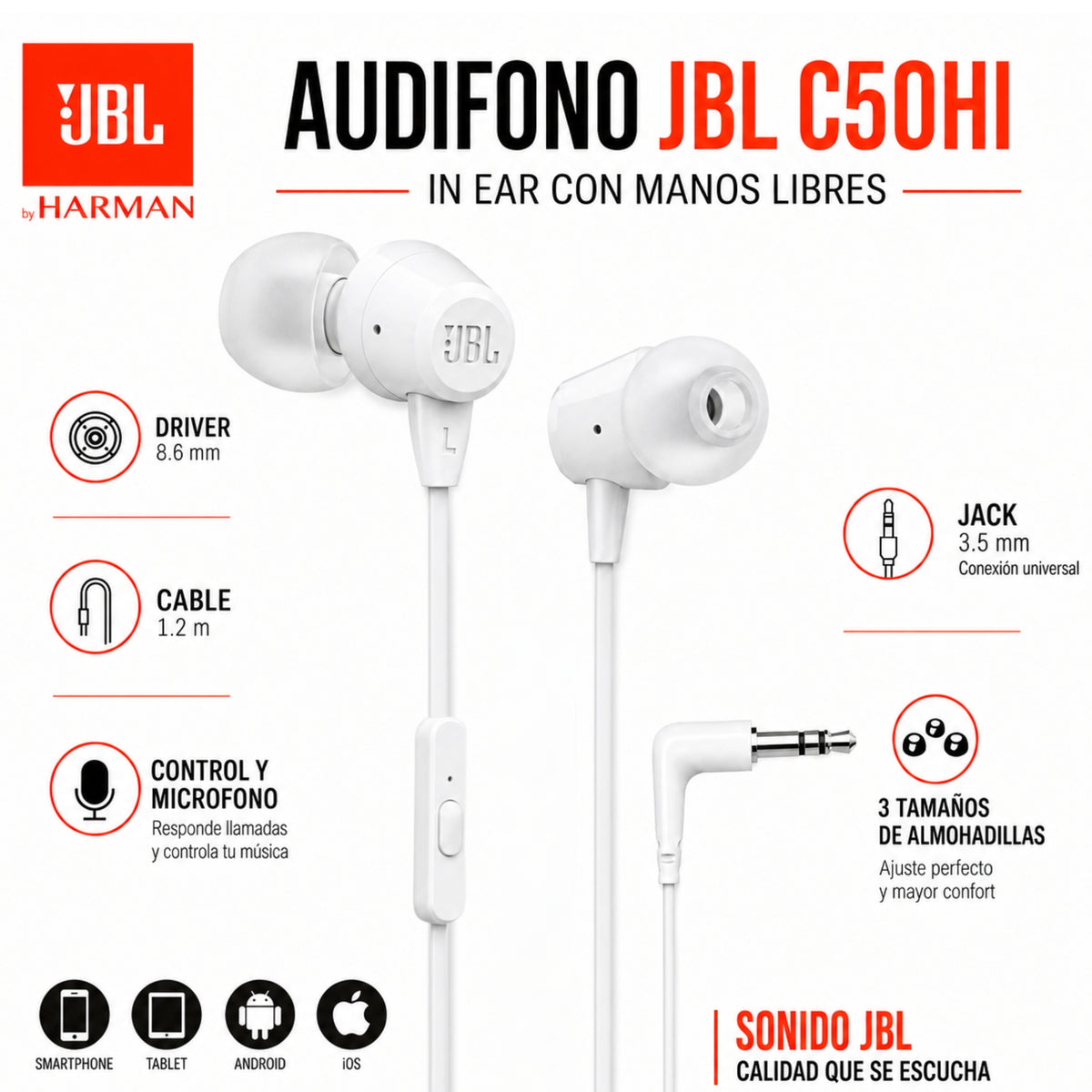 Audifono JBL In Ear con Manos Libre Harman C50 Hi Bass White