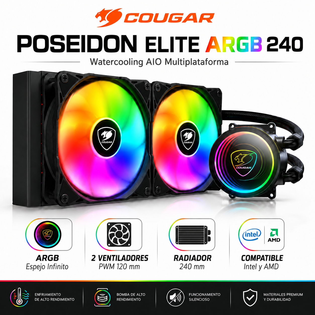 Refrigeración Líquida Cougar 240 Full ARGB Multiplataformas