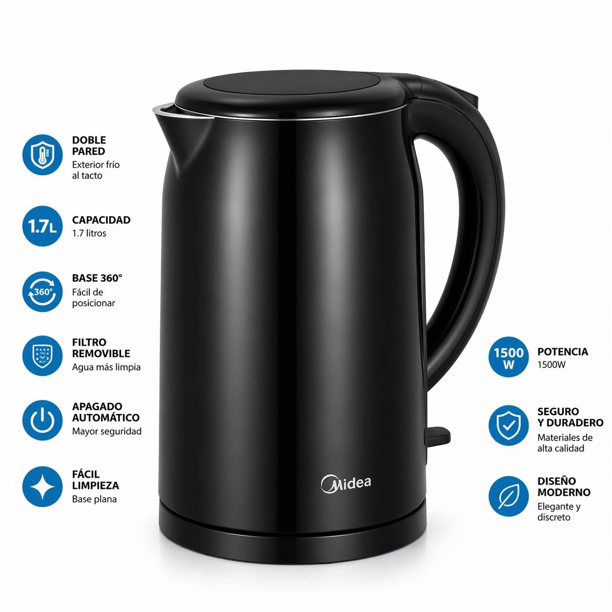 Hervidor de Doble Pared Midea 1.7LT con Base Giratoria 360°