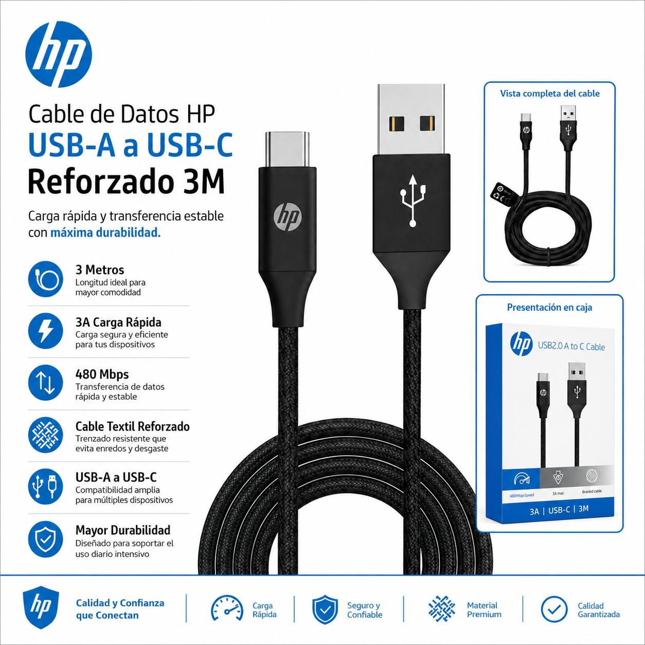 Cable de Datos HP USB-C A USB 3.0 REFORZADO 3M / 3A