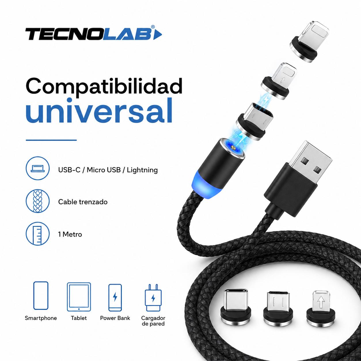 Cable de Carga Magnetico (3 EN 1) USB-C / Micro / Lightning