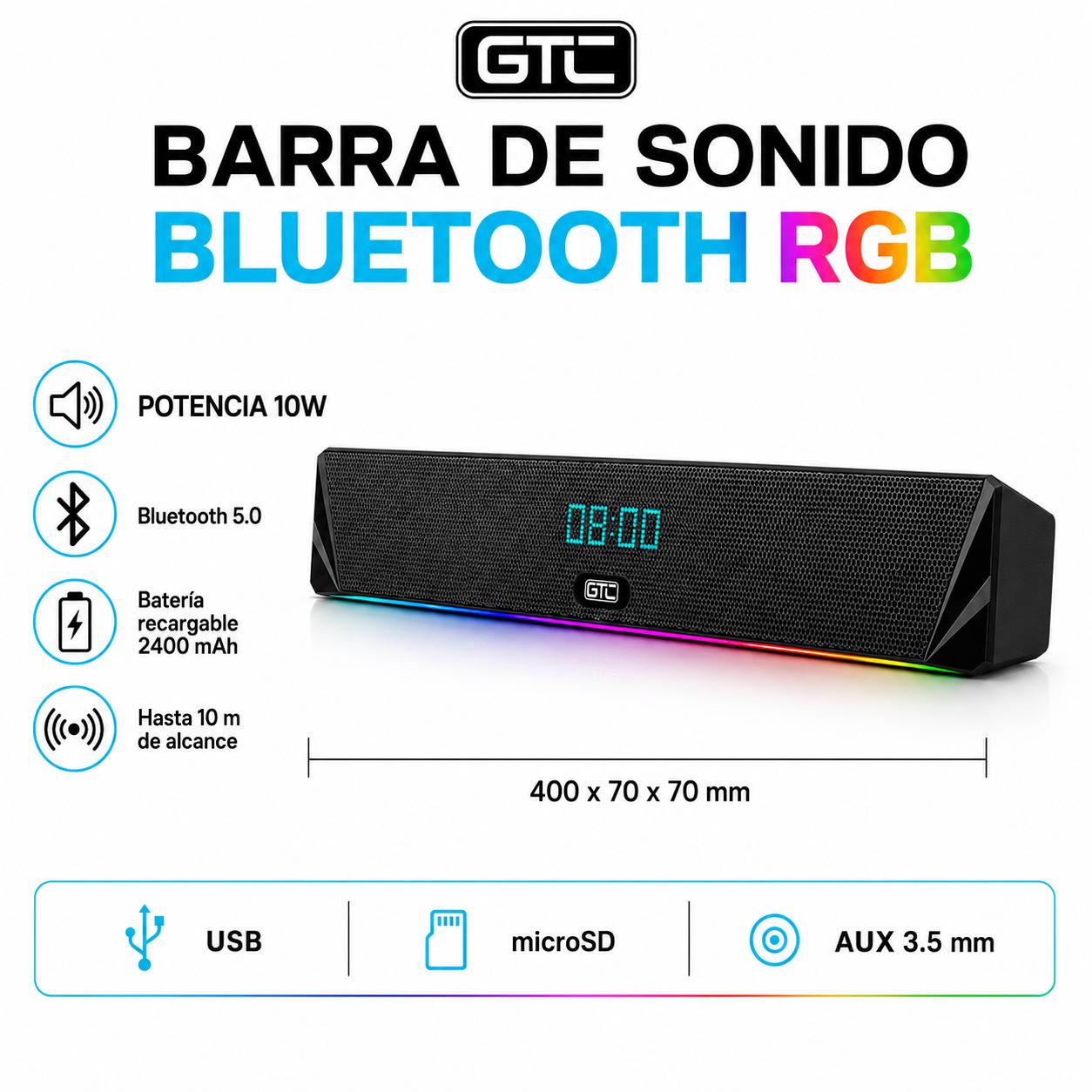 Barra de Sonido Inalámbrica Bluetooth RGB Recargable