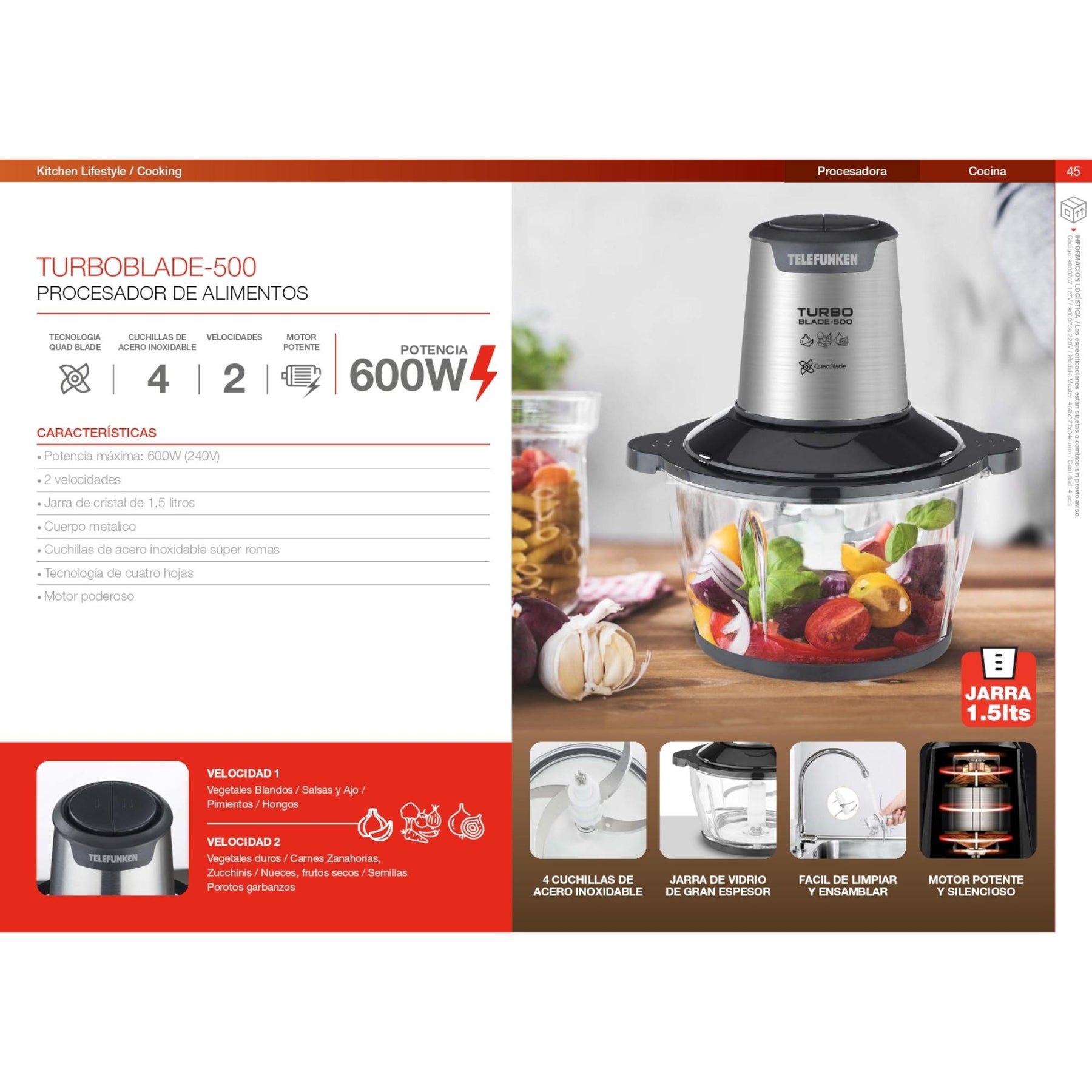 Picadora de Alimentos Turbo Blade 600W Bowl Vidrio 1.5 LT