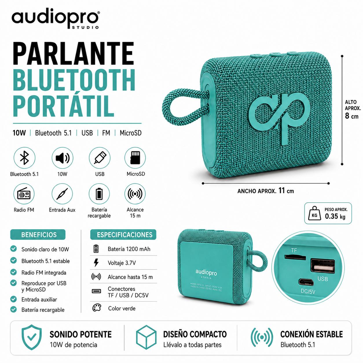 Parlante Portátil Bluetooth Sound GO 10W USB-FM-MicroSD Verde