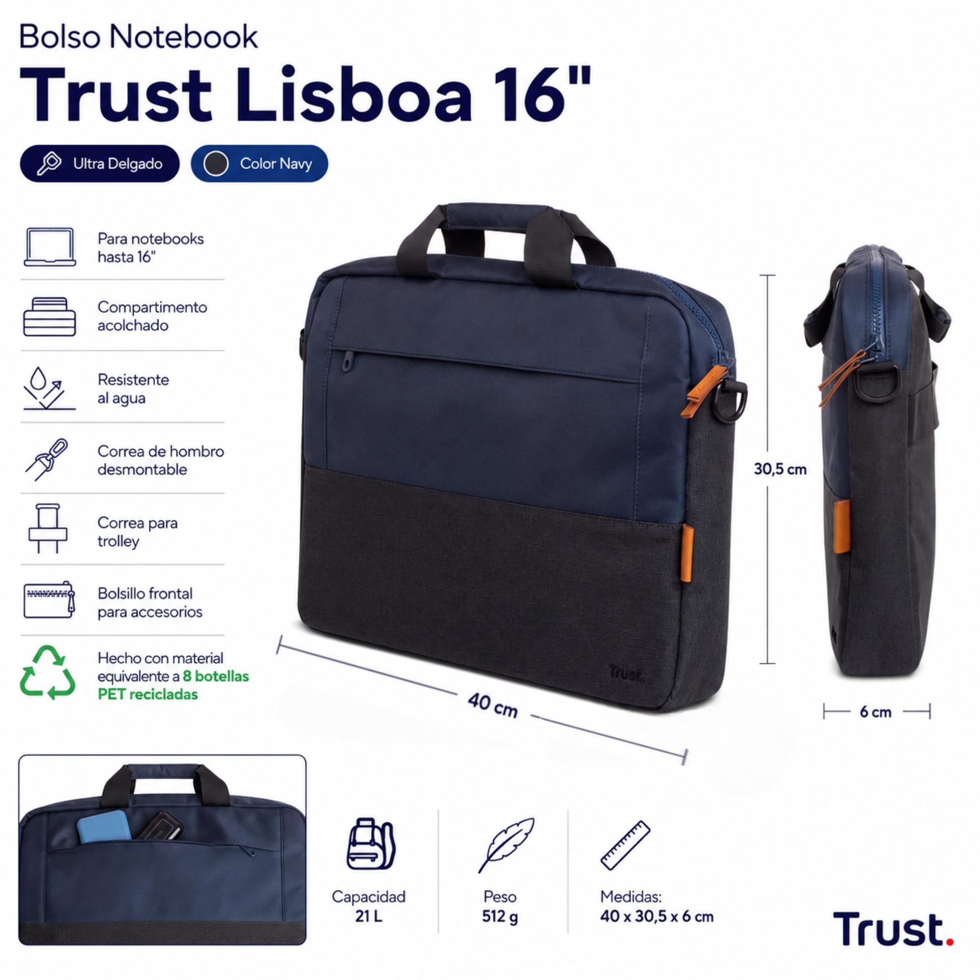 Bolso Notebook Trust Lisboa 16" Max Ultra Delgado Navy