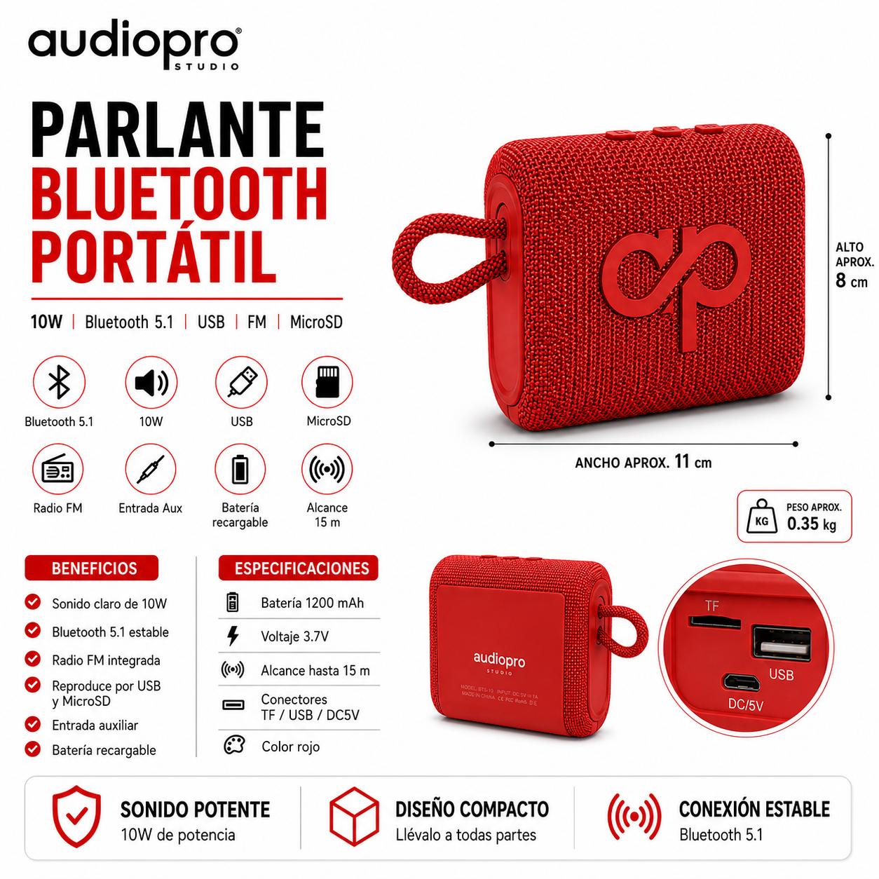 Parlante Portátil Bluetooth Sound GO USB-FM-MicroSD 10W Rojo