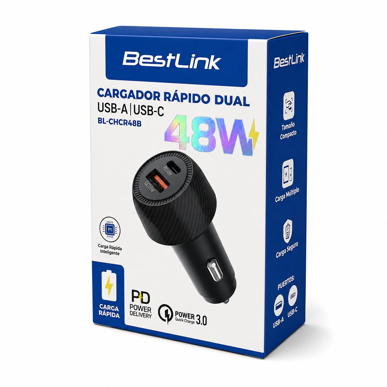 Cargador para Auto Dual 48W USB-C + USB-A Carga Ultra Rápida