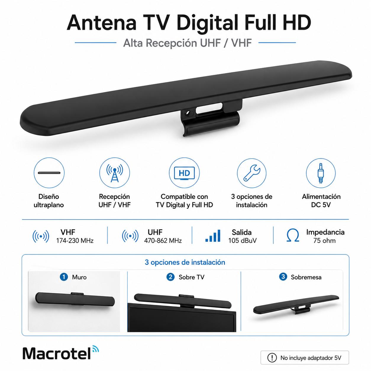 Antena TV Digital Flat Full HD de Alta Recepción UHF /VHF