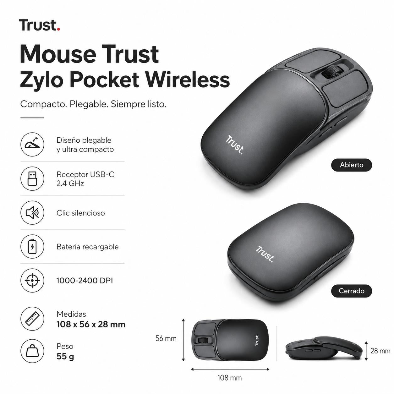 Mouse Inalámbrico Trust Zylo Plegable Ultra Compacto USB-C 2G