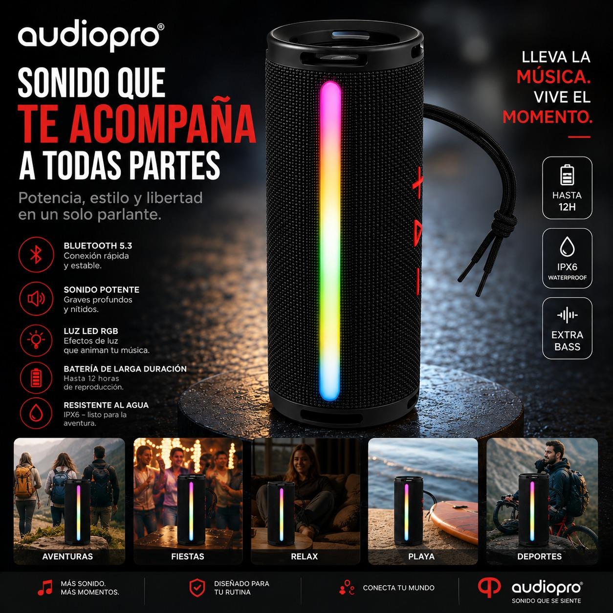 Parlante Portátil Bluetooth TWS Iluminación RGB 10W Negro