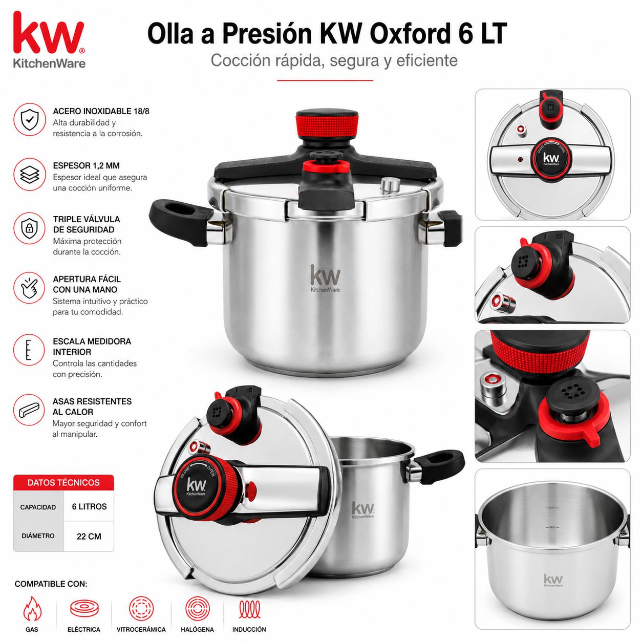 Olla a Presión KW Acero Inoxidable Oxford 6LT Triple Válvula