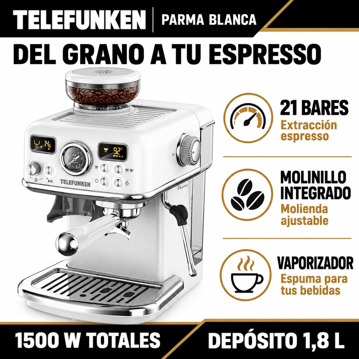 Cafetera Espresso All In One con Molinillo y Vaporizador Parma 21 Bar