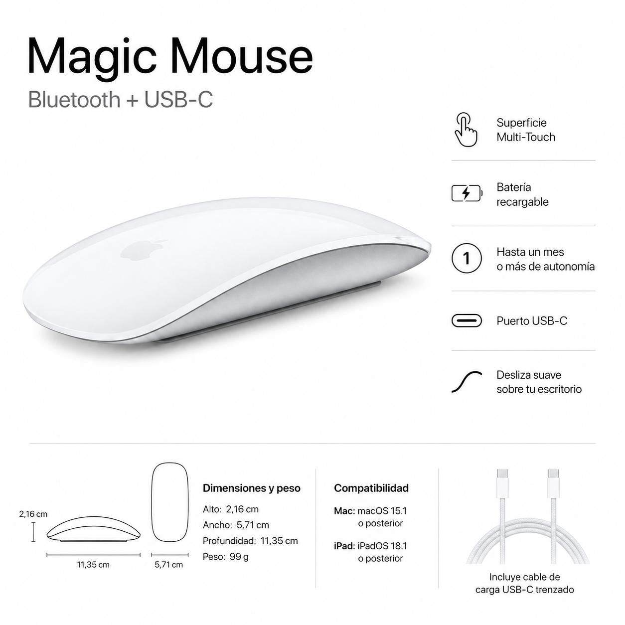 Mouse Inalámbrico Apple Magic Multitouch Bluetooth / USB-C