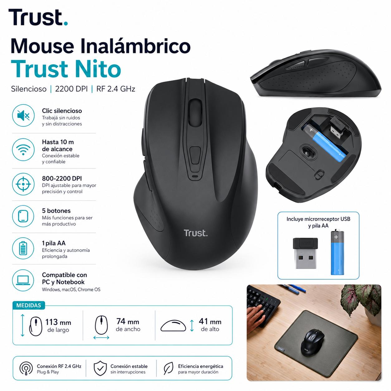 Mouse Inalámbrico Trust Nito Enterprise Silencioso 2200 DPI