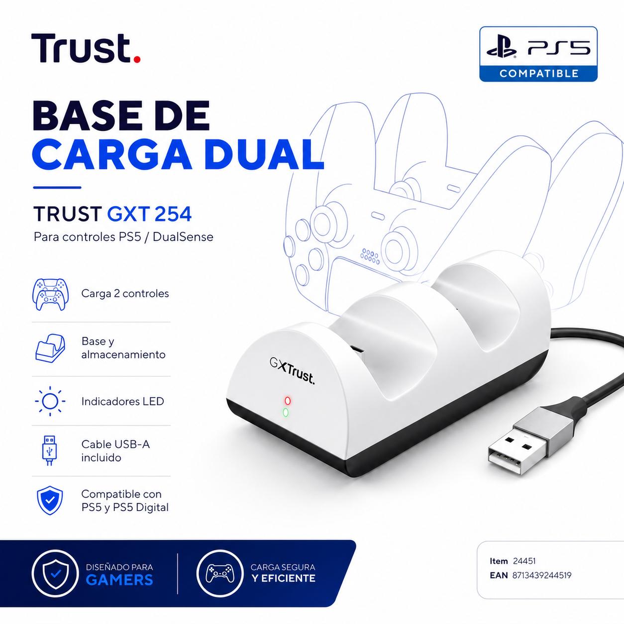 Base Carga Dual para Controles PS5 DualSense Trust GXT 254