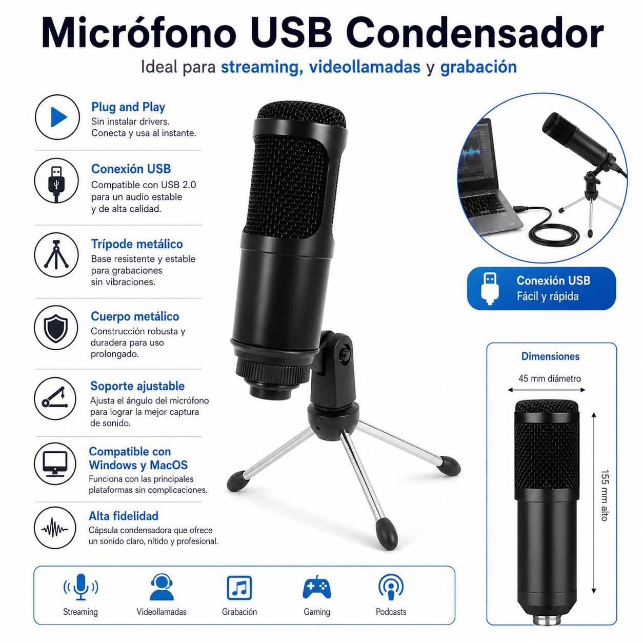Micrófono Streaming USB Condensador de Estudio C/ Trípode