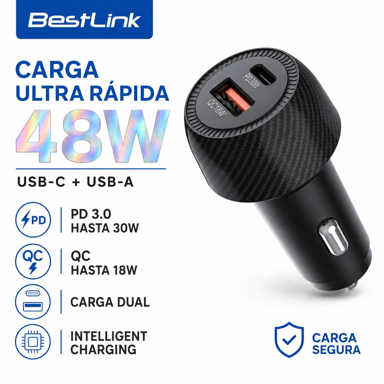 Cargador para Auto Dual 48W USB-C + USB-A Carga Ultra Rápida