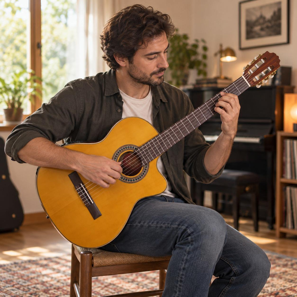 Guitarra Electroacústica Sevillana Cutaway Ultra Delgada Natural con Ecualizador y Funda