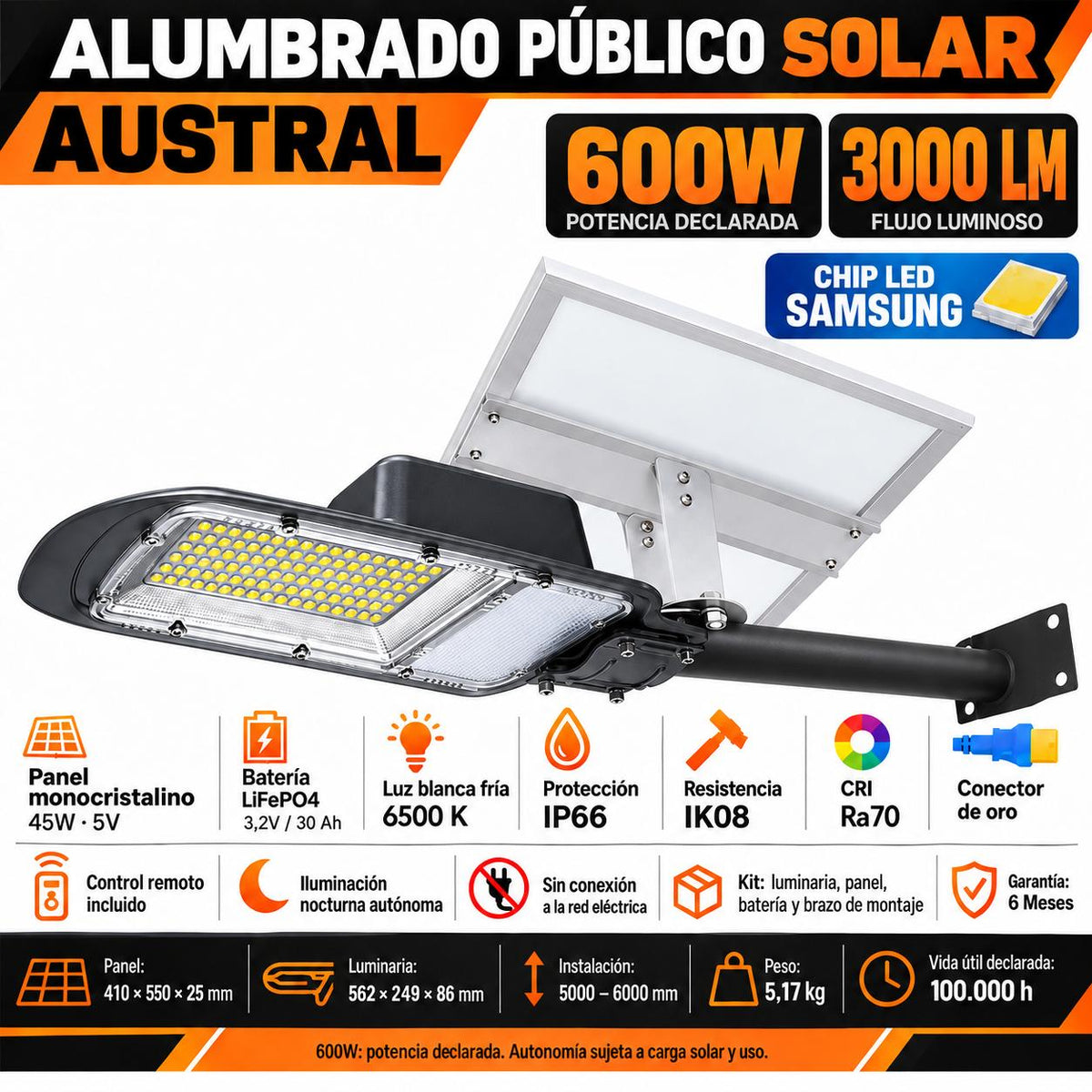 Luminaria Solar Peatonal Austral 600W con Panel de Alta Eficiencia