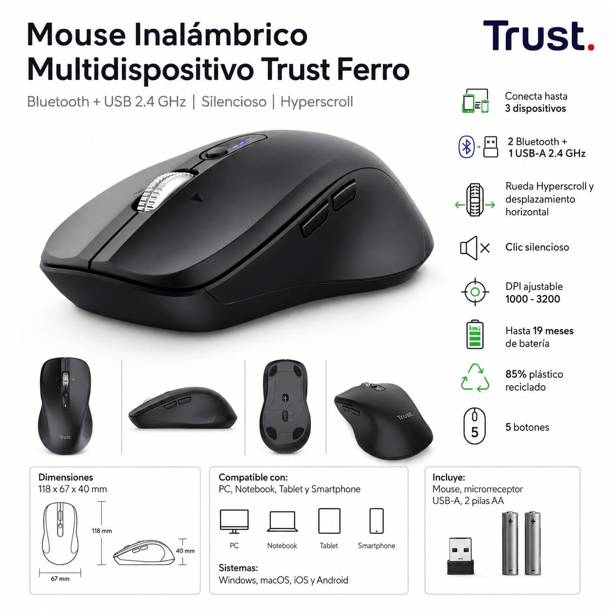 Mouse Dual Inalámbrico Trust Ferro Hyperscroll BT + USB 2G