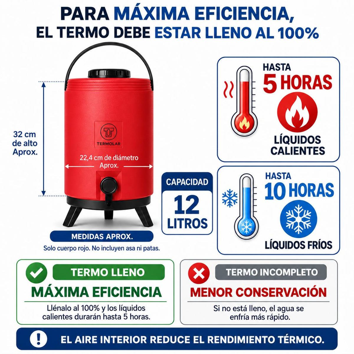 Maxi Termo Termolar 12 Litros Rojo con Llave y Asa
