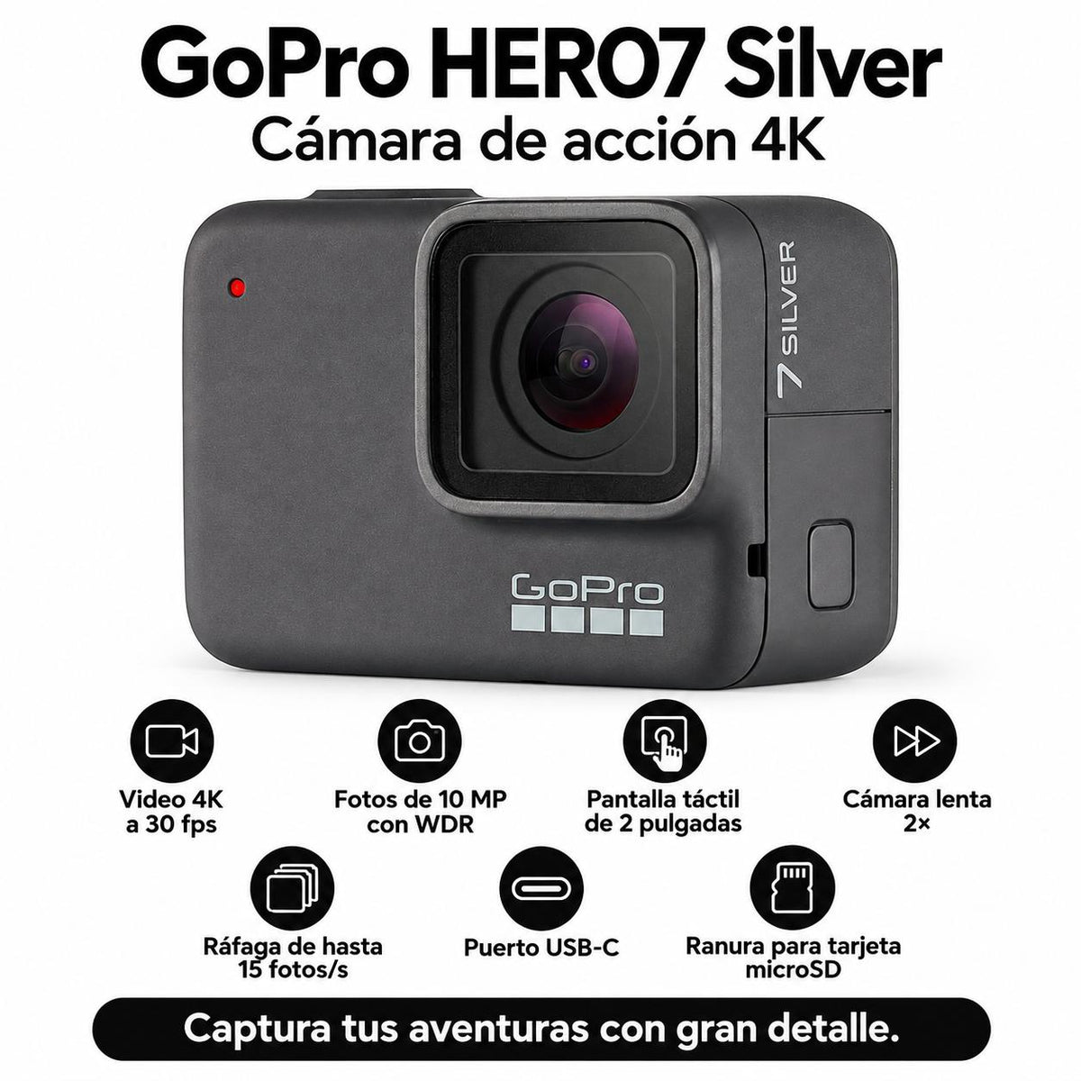 Cámara Deportiva HERO7 Silver 4K 10MP Sumergible 10m