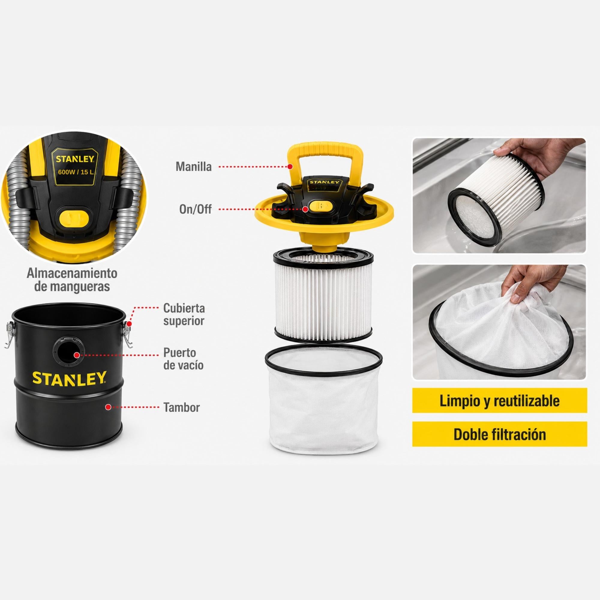 Aspiradora de Cenizas y Partículas Finas Stanley 15 Litros