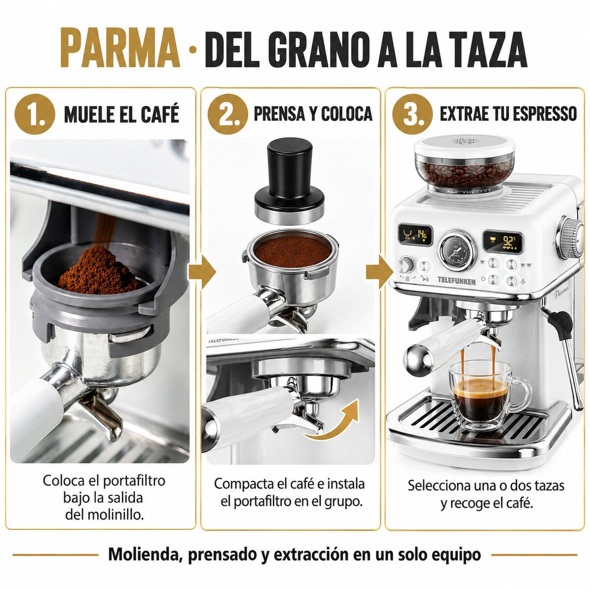 Cafetera Espresso All In One con Molinillo y Vaporizador Parma 21 Bar