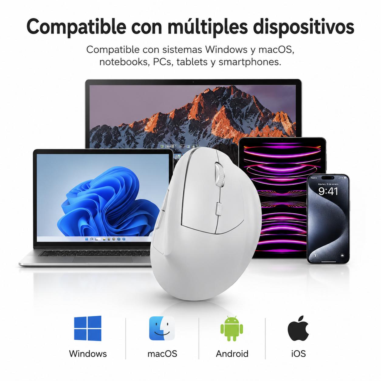 Mouse Vertical Ergonómico Dual Wireless Recargable Blanco