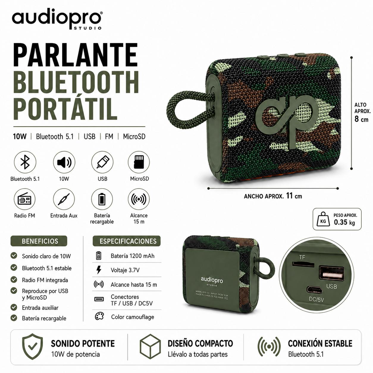 Parlante Portátil Bluetooth Sound GO USB-FM-SD 10W Military