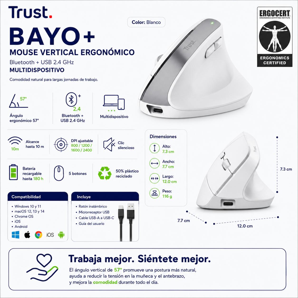 Mouse Vertical Inalámbrico Dual Ergonómico Trust Bayo+ White