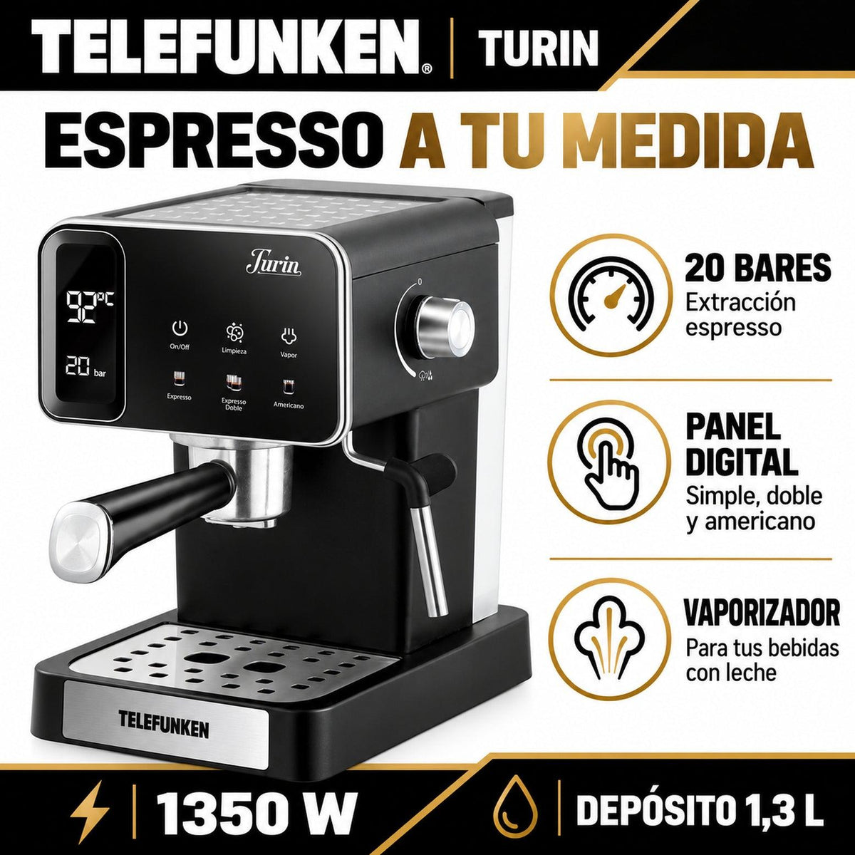 Cafetera Espresso Digital 1350W con Vaporizador Turin