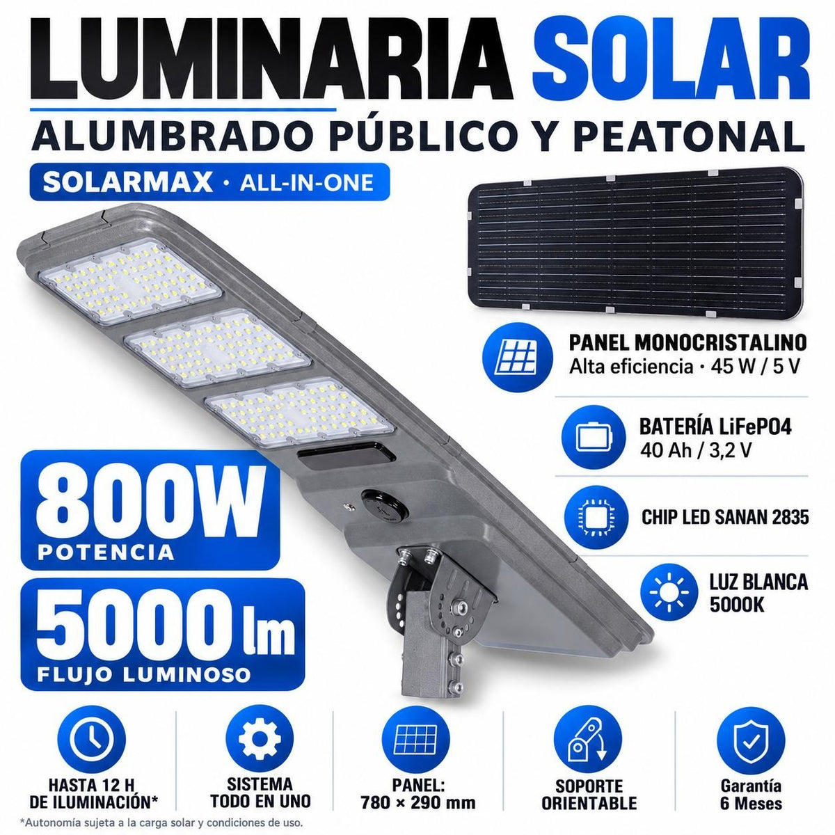 Luminaria Solar Peatonal 800W con Panel de Alta Eficiencia