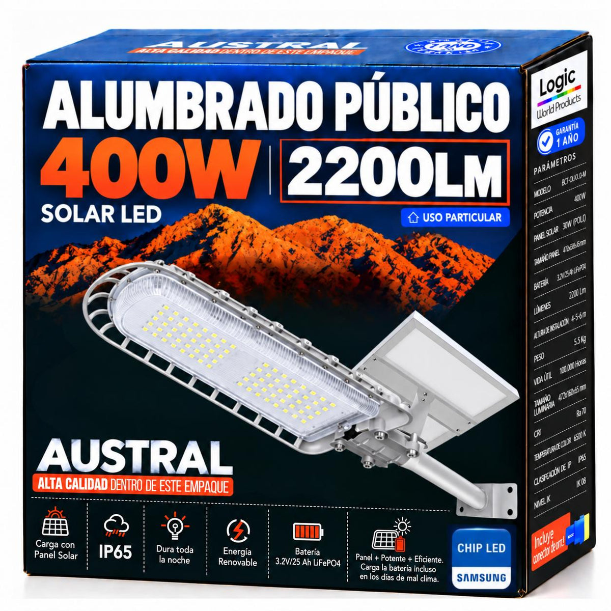 Luminaria Solar Peatonal Austral 400W con Panel de Alta Eficiencia