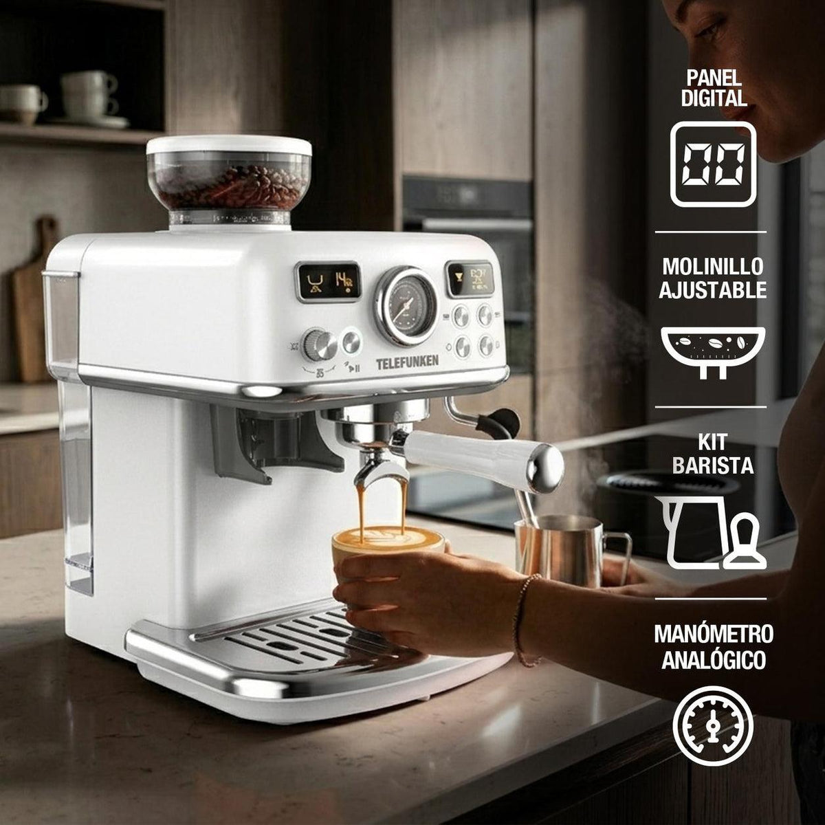 Cafetera Espresso All In One con Molinillo y Vaporizador Parma 21 Bar